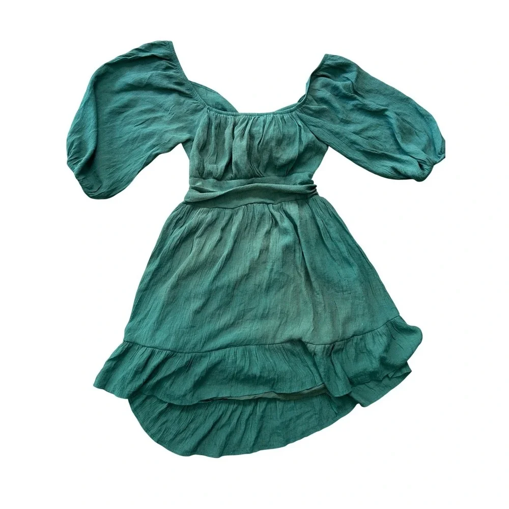 Boho Teal Green Puff Sleeve Tie‎ Back Cutout Mini Dress Smocked Ruffle Hem